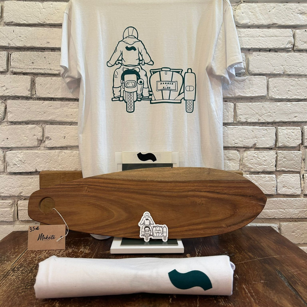 Coffret Barber Side - t-shirt, planche en bois surf ou skate artisanale, sticker offert pour le rider !